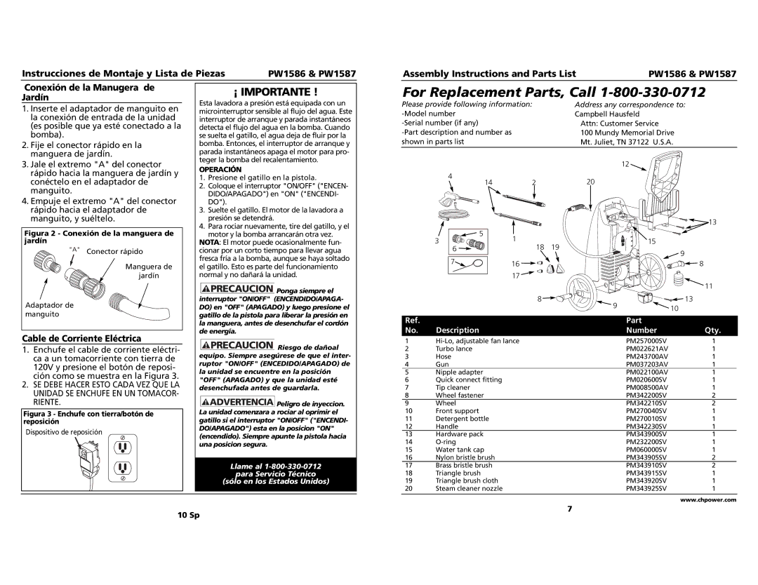 Campbell Hausfeld PW1587 Conexión de la Manugera de Jardín, Cable de Corriente Eléctrica, Part Qty Description Number 