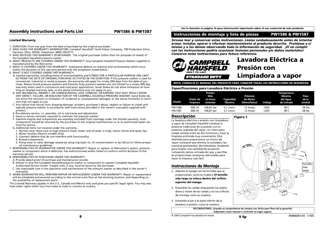 Campbell Hausfeld Assembly Instructions and Parts List PW1586 & PW1587, Descripción, Instrucciones de Montaje 