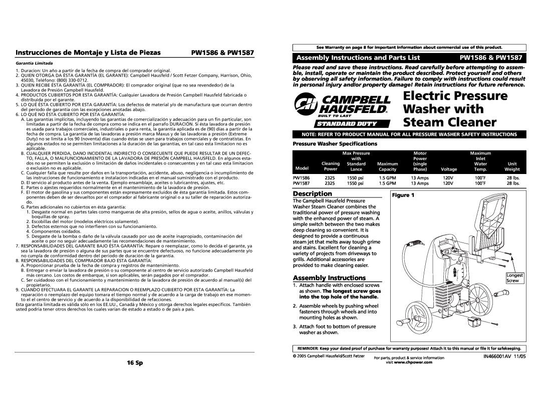 Campbell Hausfeld specifications Instrucciones de Montaje y Lista de Piezas, PW1586 & PW1587, Description, 16 Sp 