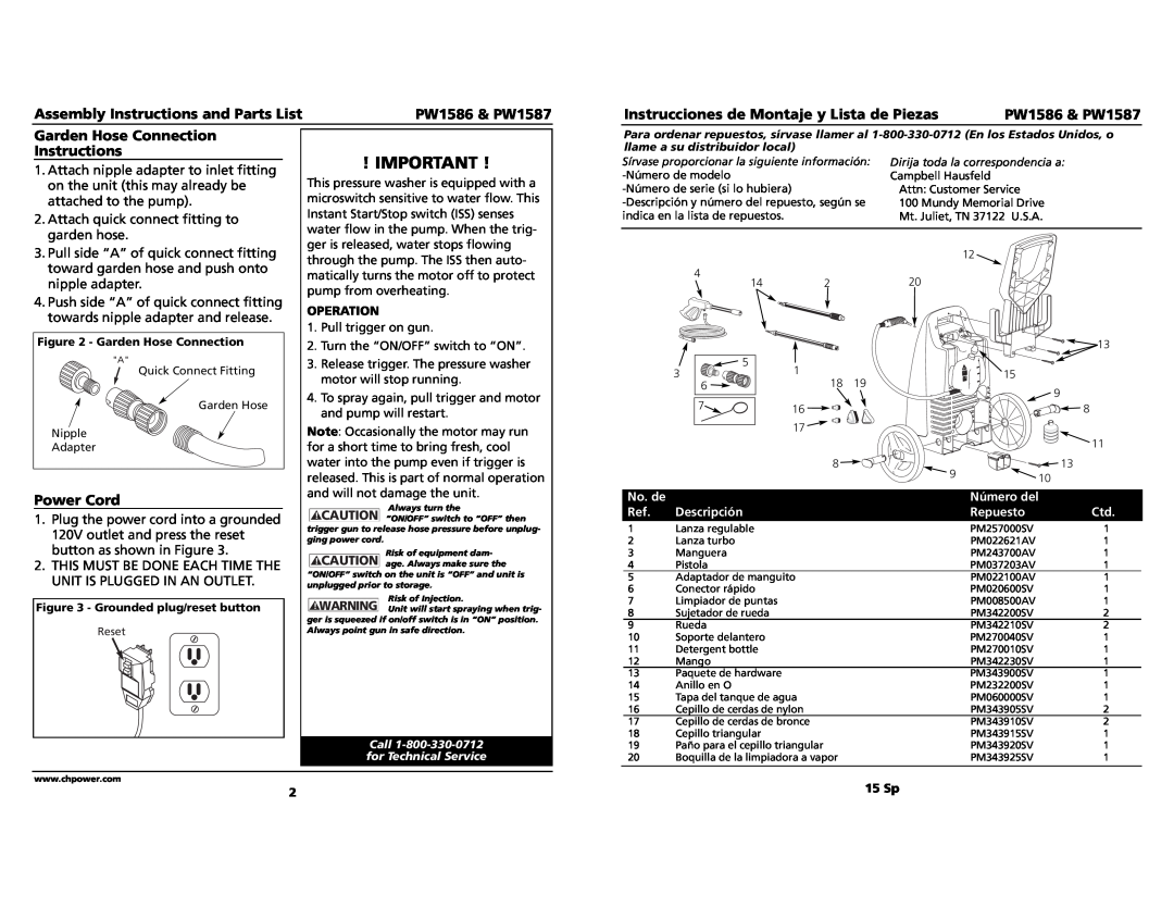Campbell Hausfeld Assembly Instructions and Parts List, Garden Hose Connection, PW1586 & PW1587, Power Cord 