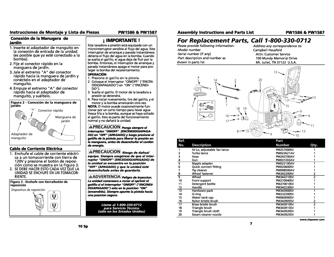 Campbell Hausfeld Assembly Instructions and Parts ListPW1586 & PW1587, Conexión de la Manugera de Jardín, ¡ Importante 