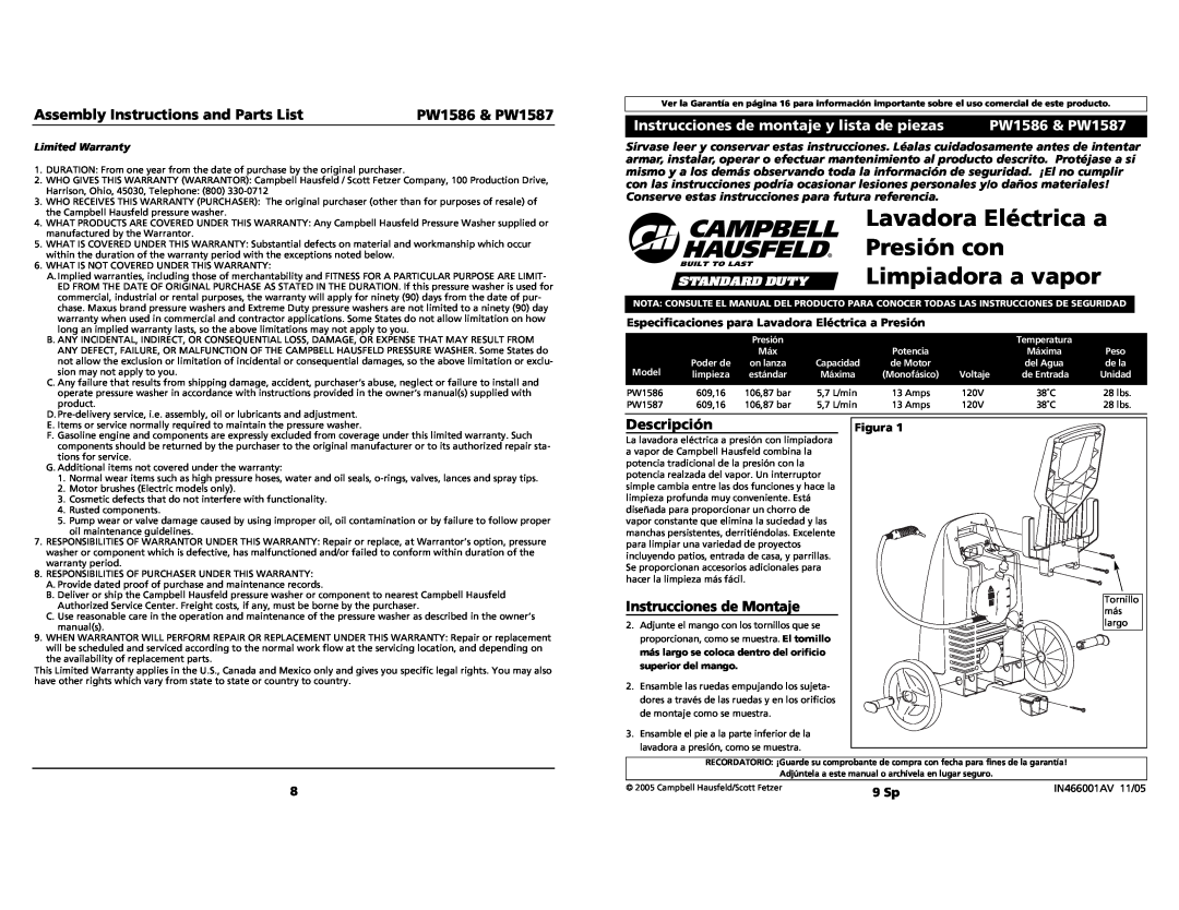 Campbell Hausfeld PW1586 Instrucciones de montaje y lista de piezas, Descripción, Instrucciones de Montaje, 9 Sp, Figura 