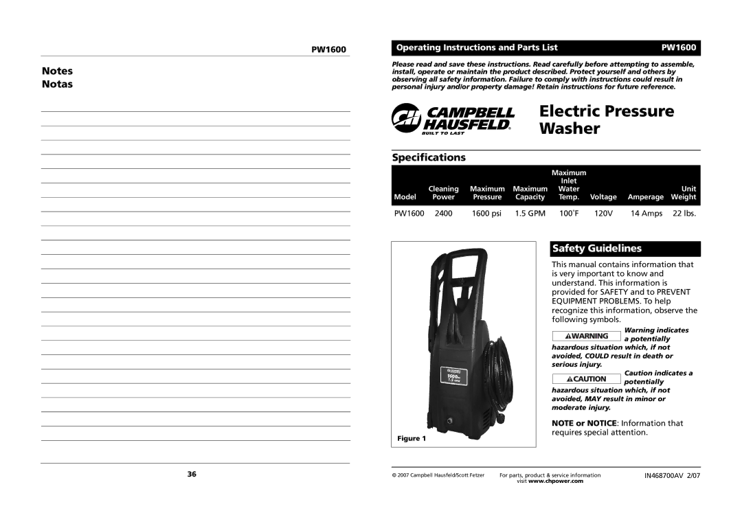 Campbell Hausfeld PW1600 specifications Specifications, Safety Guidelines 