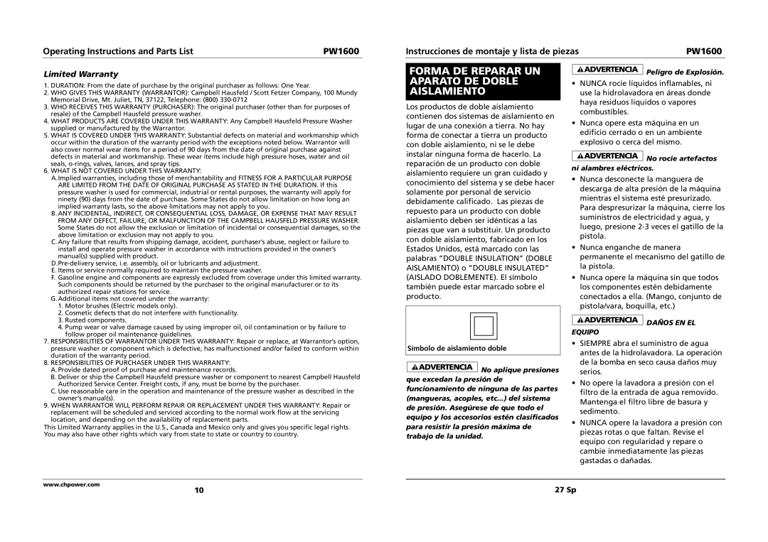 Campbell Hausfeld PW1600 specifications Forma DE Reparar UN Aparato DE Doble Aislamiento, Limited Warranty 