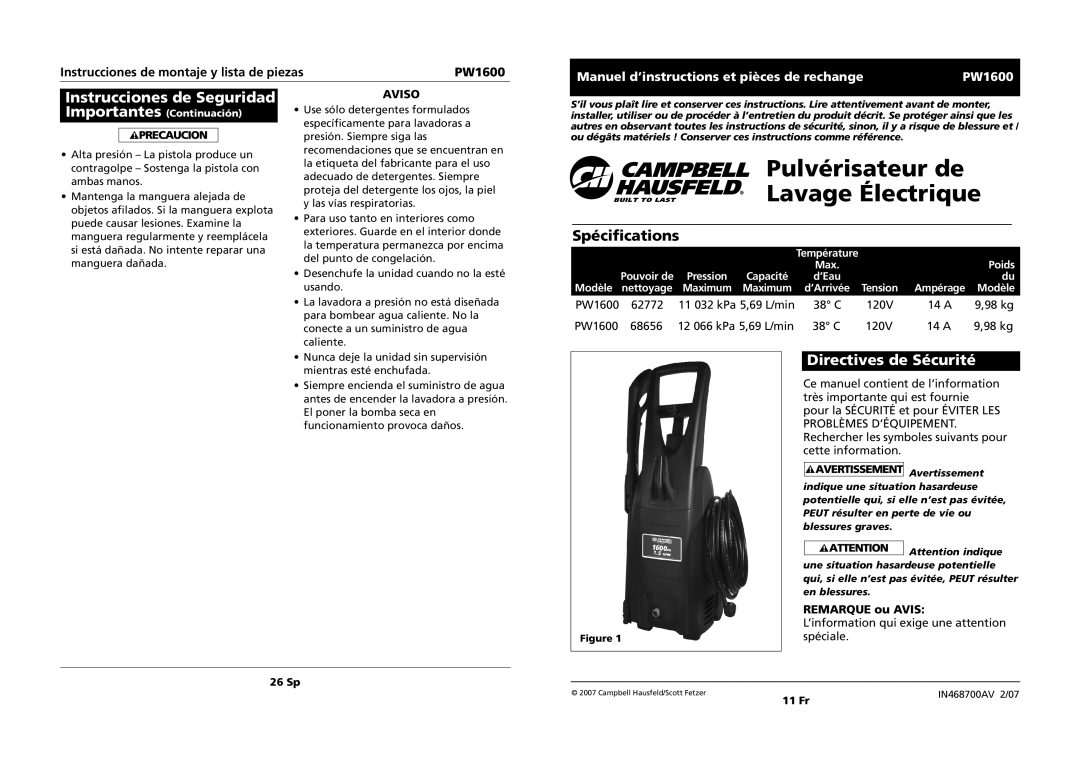 Campbell Hausfeld PW1600 specifications Instrucciones de Seguridad, Directives de Sécurité 