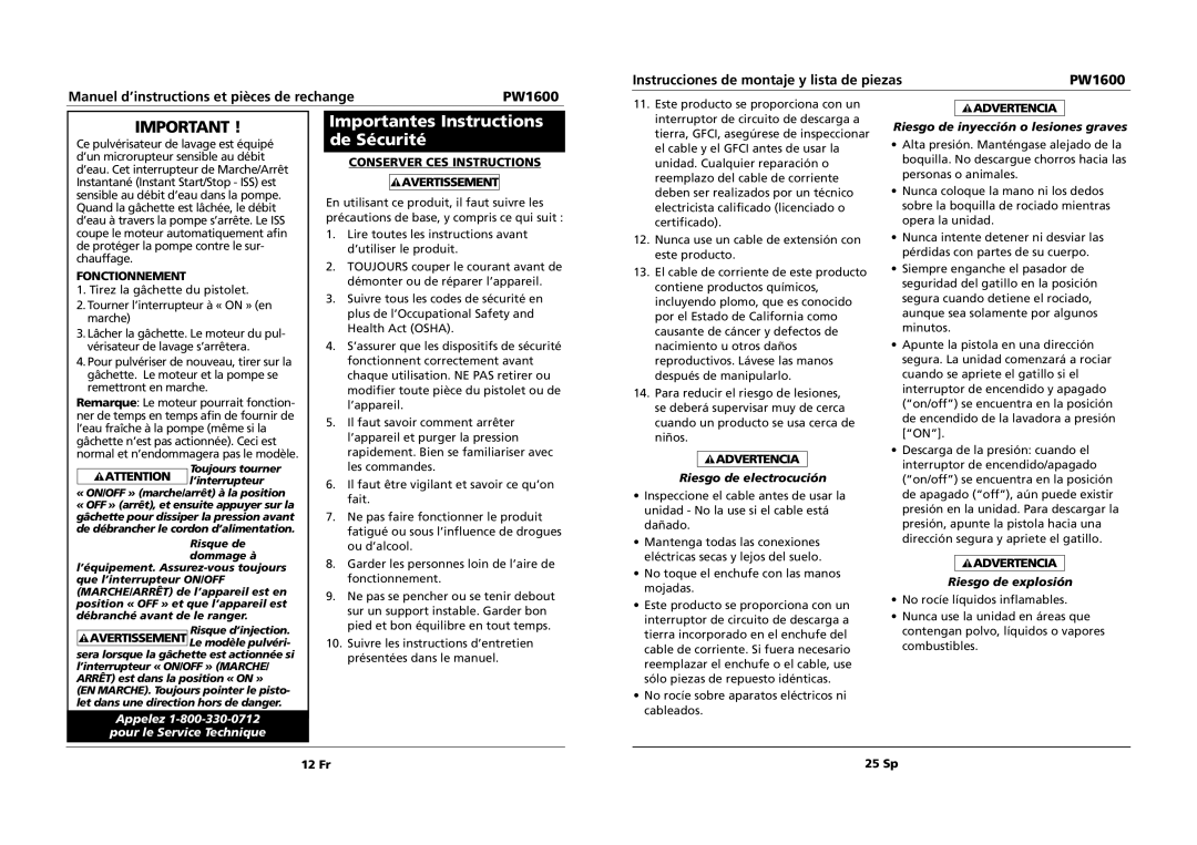 Campbell Hausfeld PW1600 specifications Importantes Instructions de Sécurité, Fonctionnement, Conserver CES Instructions 