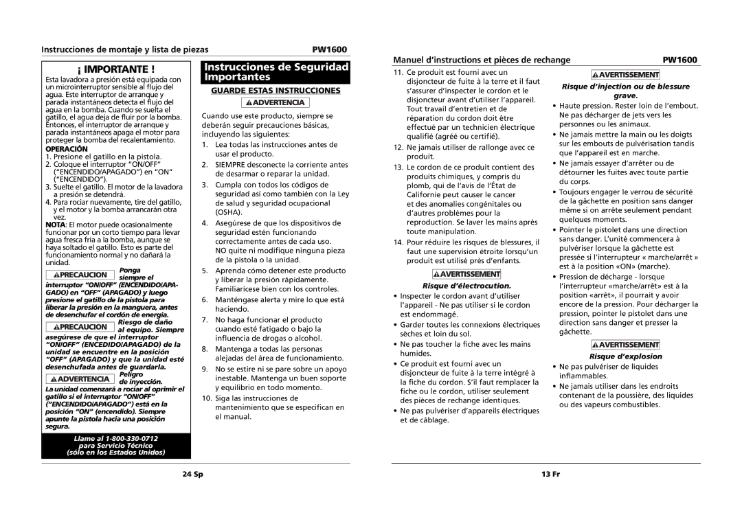 Campbell Hausfeld PW1600 specifications Instrucciones de Seguridad Importantes, Operación 