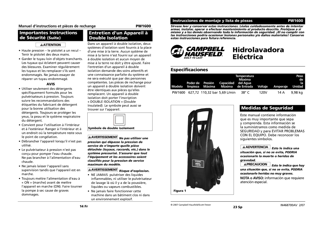 Campbell Hausfeld PW1600 Importantes Instructions de Sécurité Suite, Entretien d’un Appareil à Double Isolation 