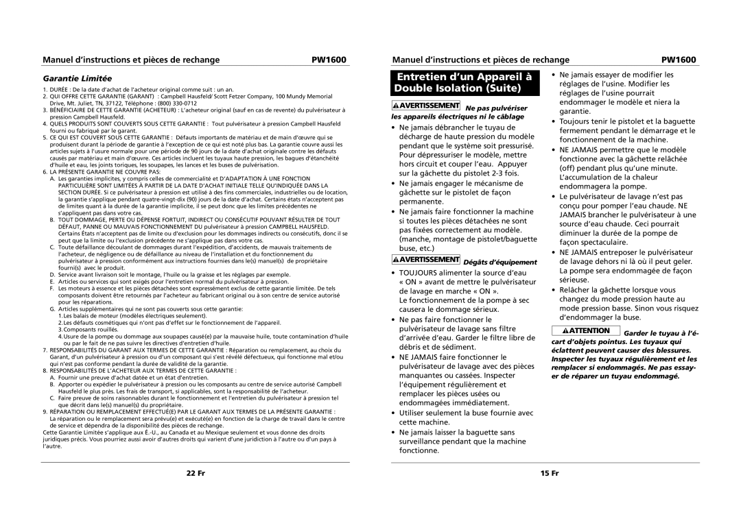 Campbell Hausfeld PW1600 specifications Entretien d’un Appareil à Double Isolation Suite, Garantie Limitée 