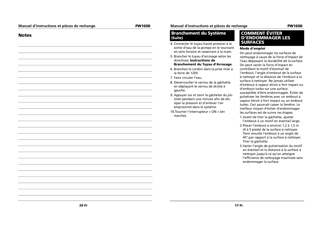 Campbell Hausfeld PW1600 specifications Comment Éviter D’ENDOMMAGER LES Surfaces, Suite 