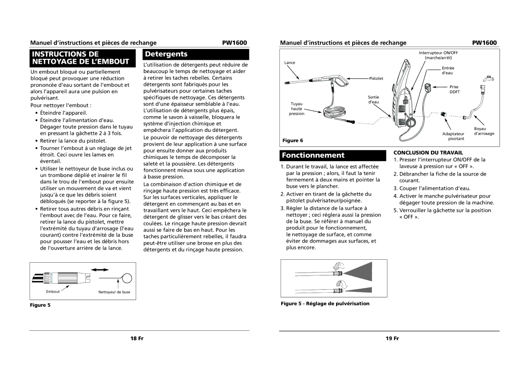 Campbell Hausfeld PW1600 specifications Detergents, Fonctionnement, Conclusion DU Travail 