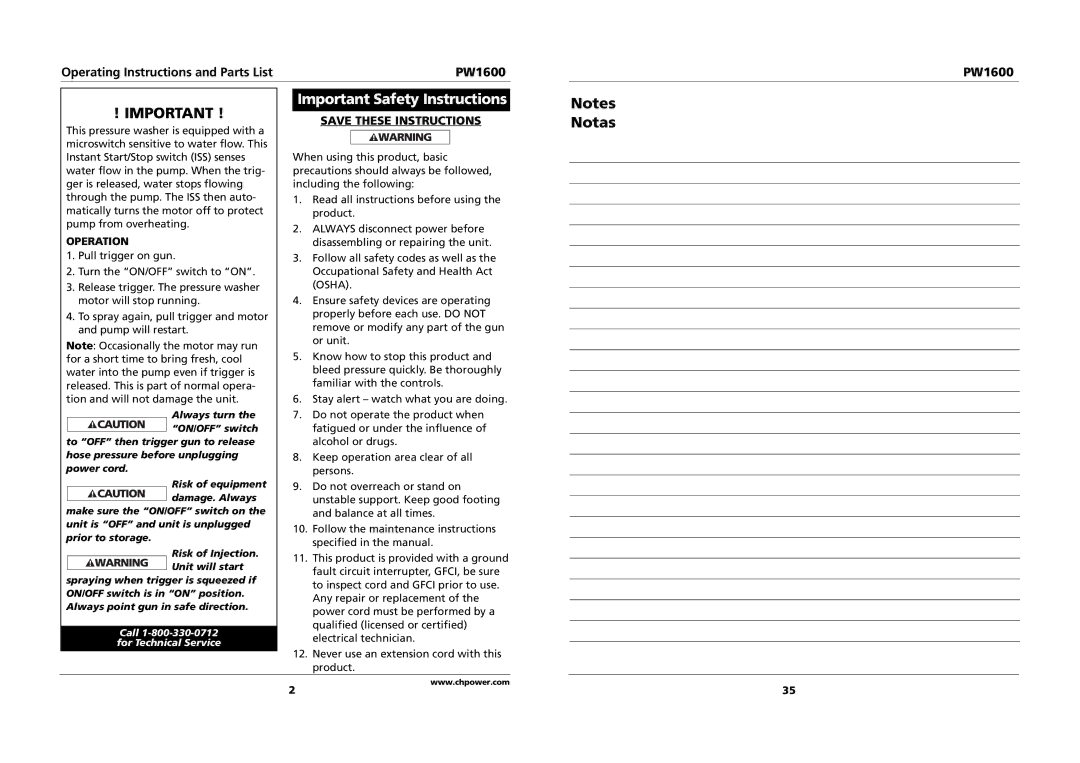 Campbell Hausfeld PW1600 specifications Important Safety Instructions, Operation 