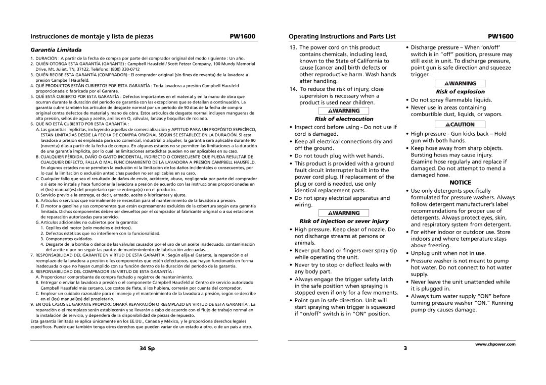 Campbell Hausfeld PW1600 specifications Garantía Limitada 