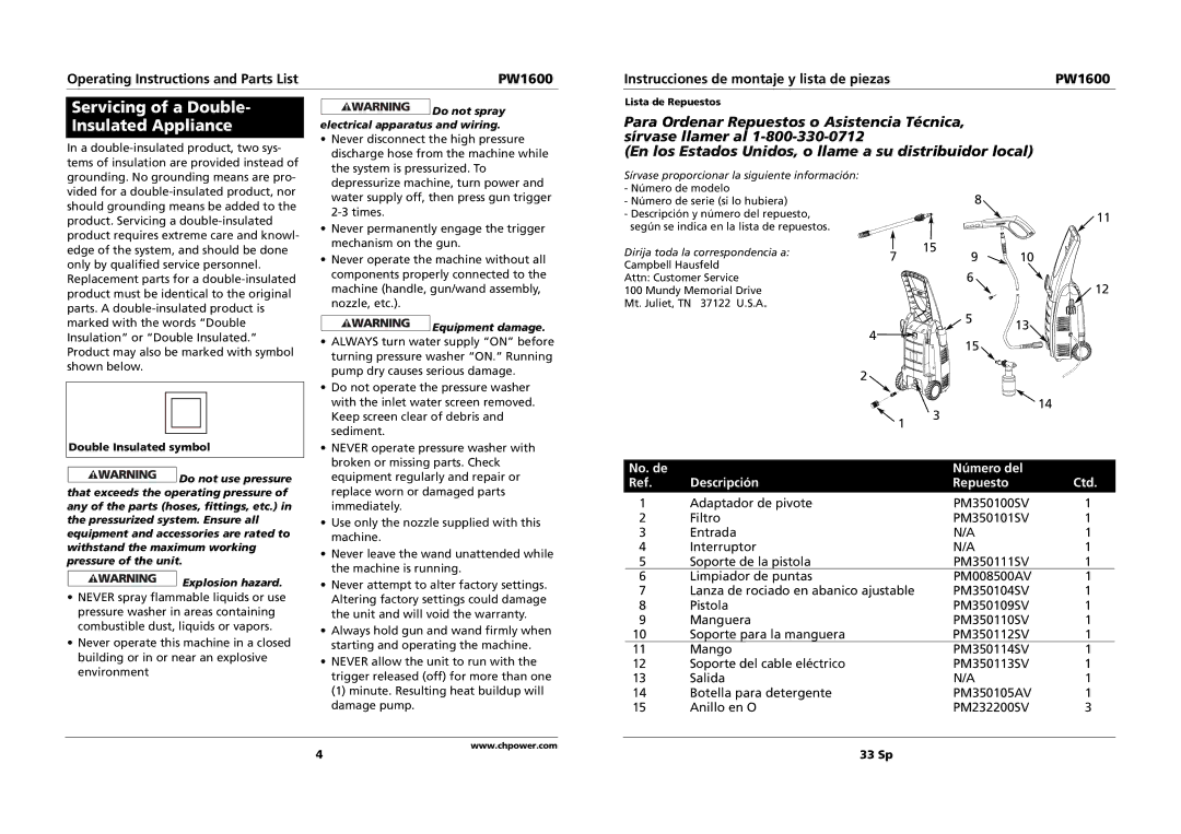 Campbell Hausfeld PW1600 specifications Insulated Appliance, No. de Número del Descripción Repuesto Ctd 