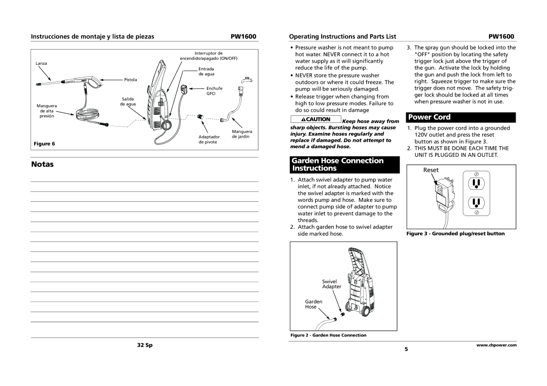 Campbell Hausfeld PW1600 specifications Garden Hose Connection Instructions, Power Cord 