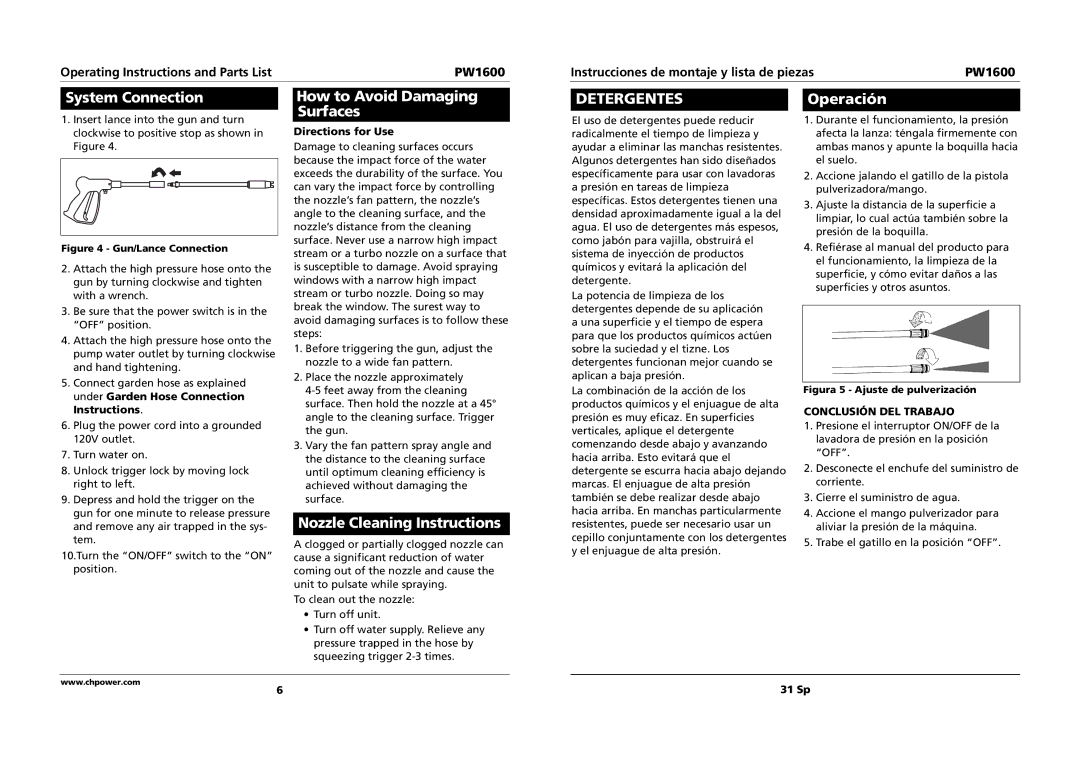 Campbell Hausfeld PW1600 specifications How to Avoid Damaging Surfaces, Detergentes, Operación, System Connection 