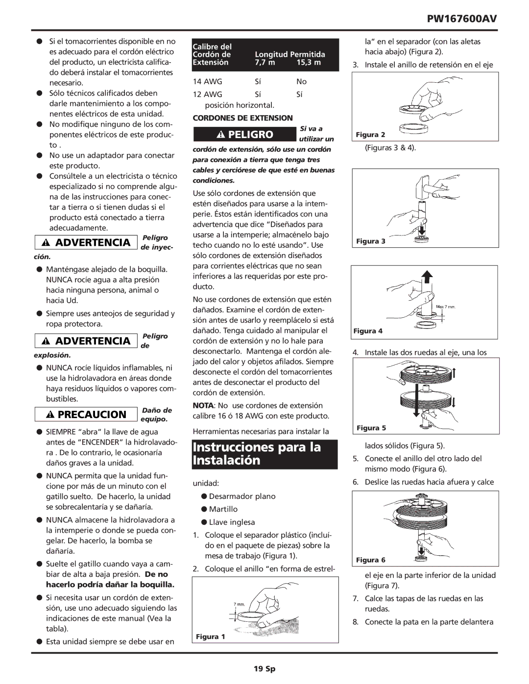 Campbell Hausfeld PW167600AV operating instructions Instrucciones para la, Instalación, Cordones DE Extension 