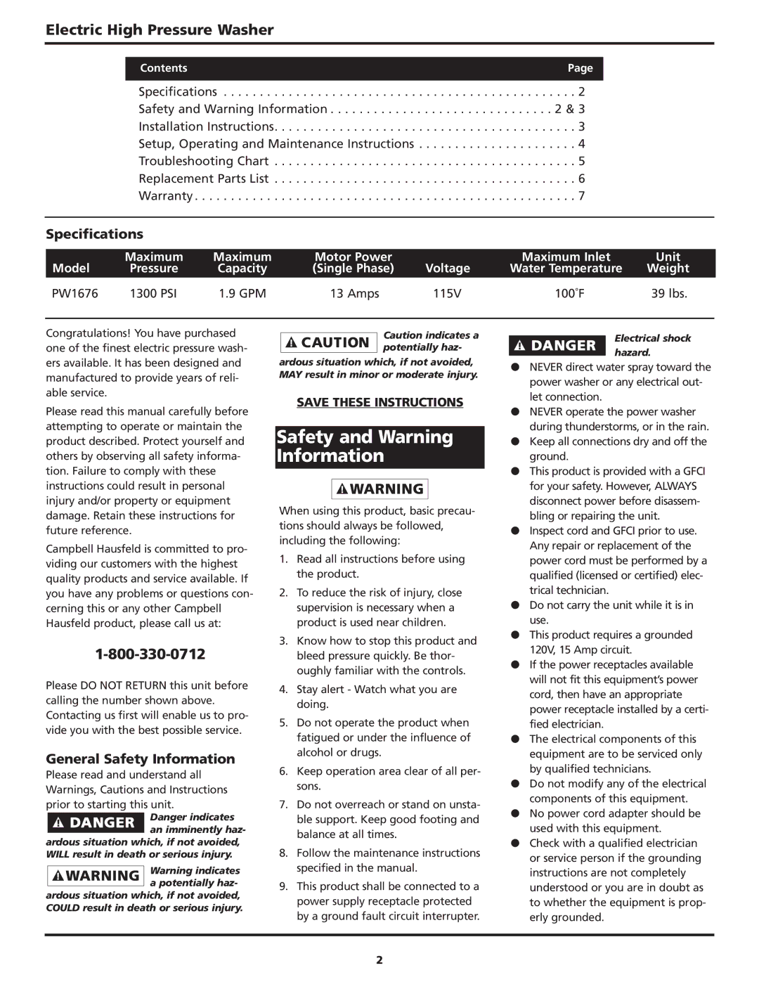 Campbell Hausfeld PW167600AV Safety and Warning Information, Electric High Pressure Washer, Specifications 