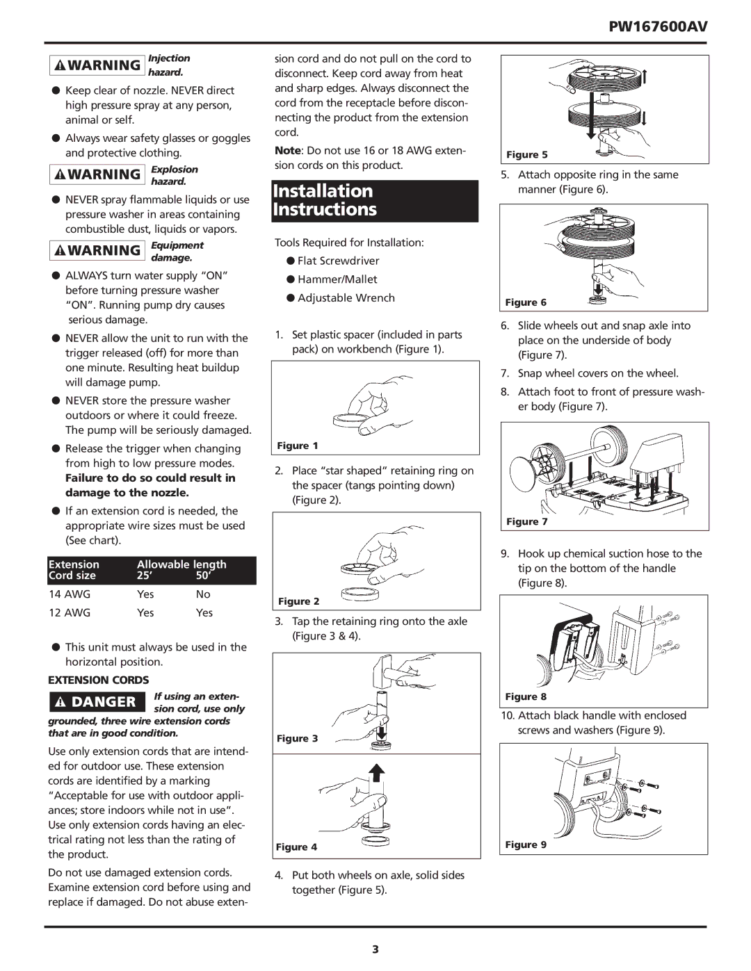 Campbell Hausfeld PW167600AV operating instructions Installation Instructions, Extension Cords 