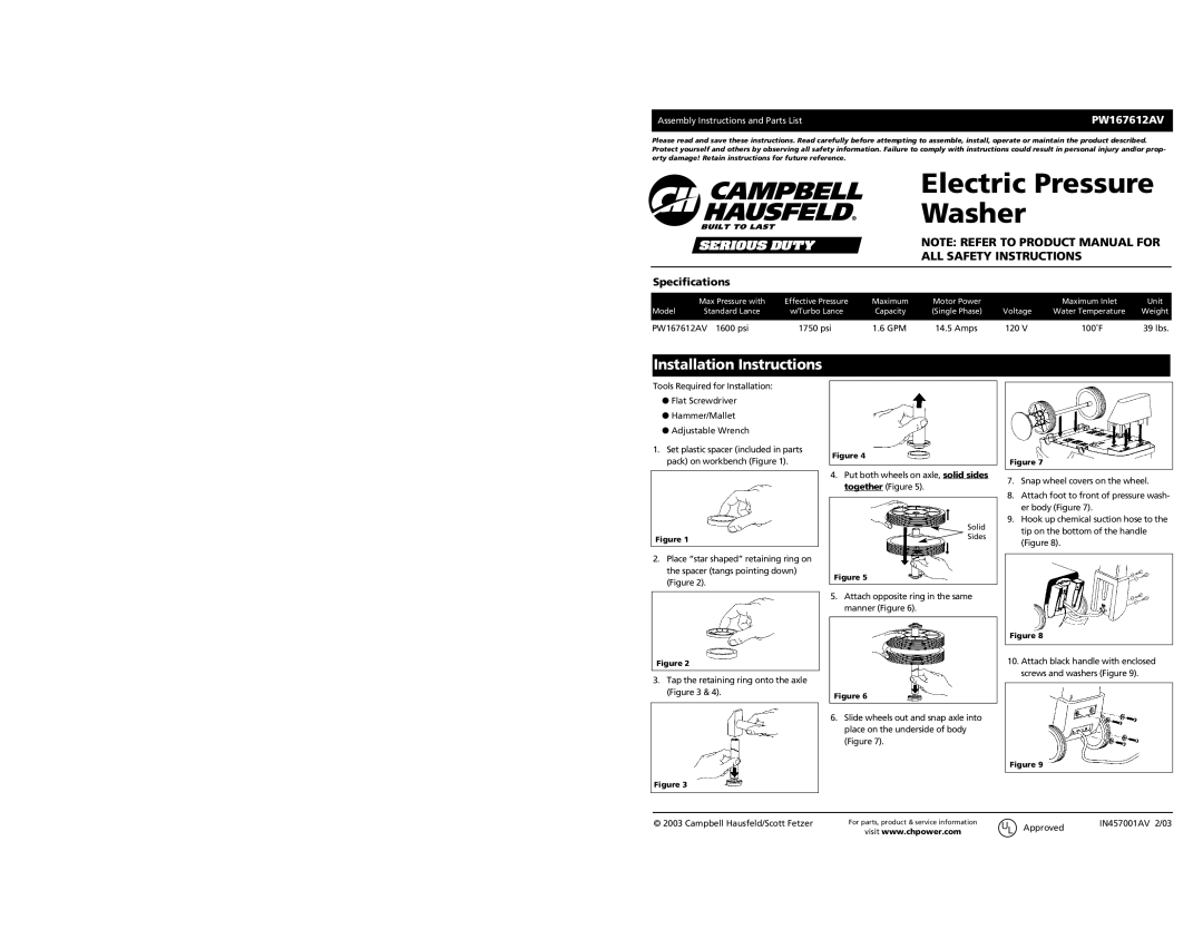 Campbell Hausfeld PW167612AV specifications Electric Pressure Washer, Installation Instructions, Specifications 