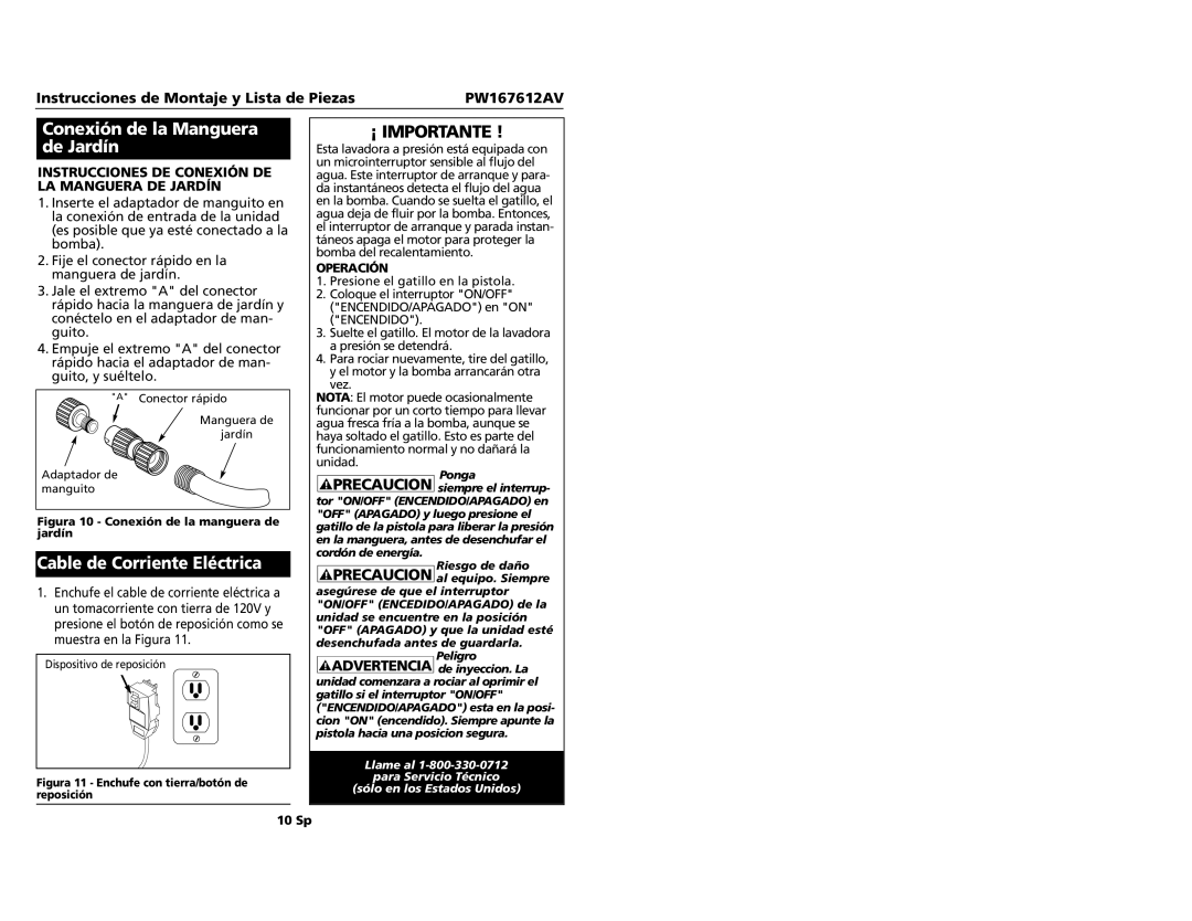 Campbell Hausfeld PW167612AV Conexión de la Manguera de Jardín, Instrucciones DE Conexión DE LA Manguera DE Jardín 