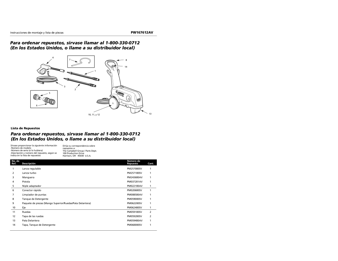 Campbell Hausfeld PW167612AV specifications Lista de Repuestos, No. de Número de Descripción Repuesto 