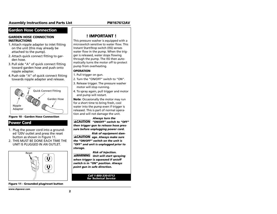 Campbell Hausfeld PW167612AV specifications Power Cord, Garden Hose Connection Instructions, Operation 