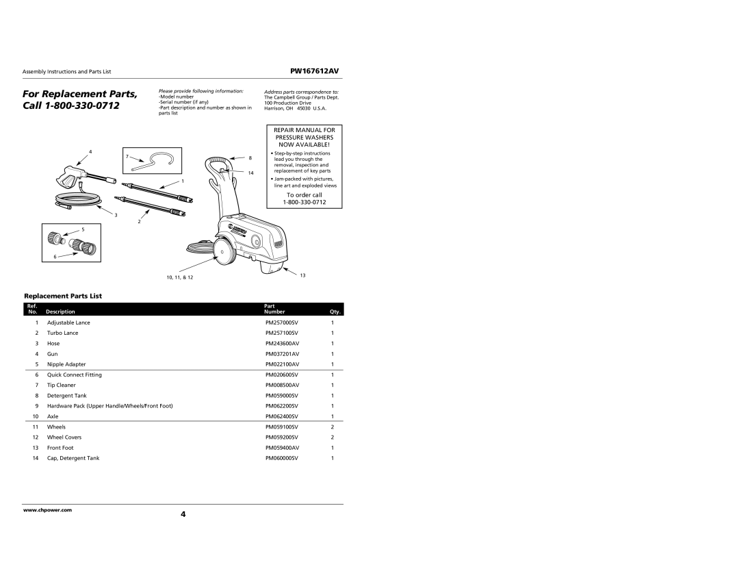 Campbell Hausfeld PW167612AV specifications Replacement Parts List, Part Description Number Qty 