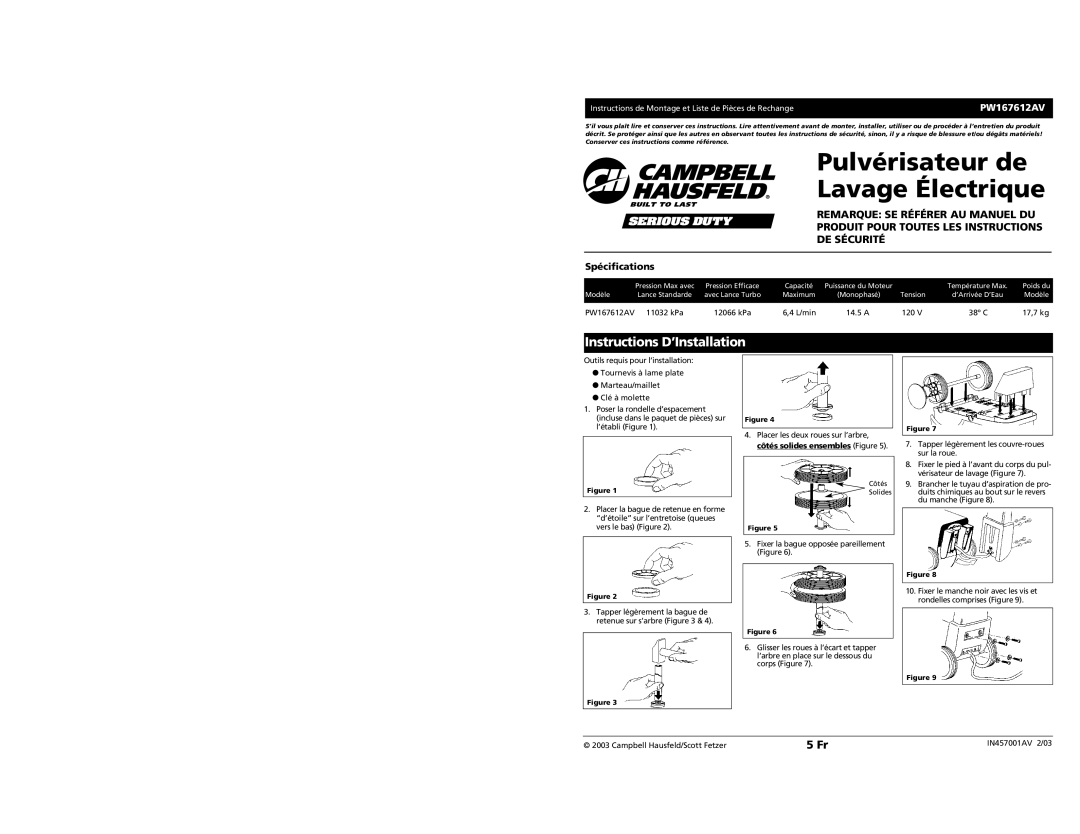 Campbell Hausfeld PW167612AV specifications Pulvérisateur de Lavage Électrique, Instructions D’Installation, Spécifications 