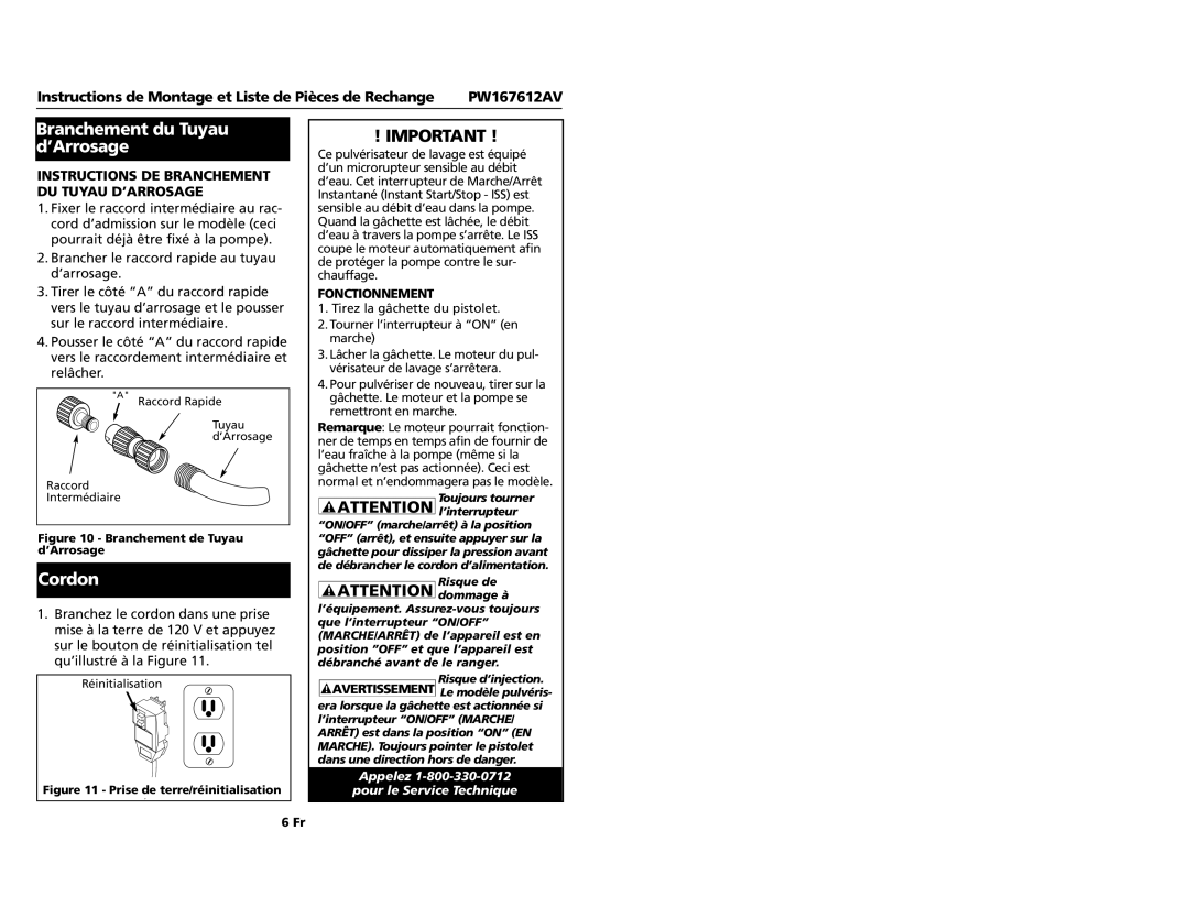 Campbell Hausfeld PW167612AV Branchement du Tuyau d’Arrosage, Cordon, Instructions DE Branchement DU Tuyau D’ARROSAGE 