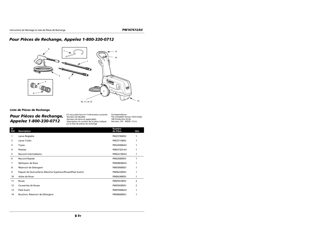 Campbell Hausfeld PW167612AV specifications Liste de Pièces de Rechange, Réf. Description, Numéro De Pièce Qté 