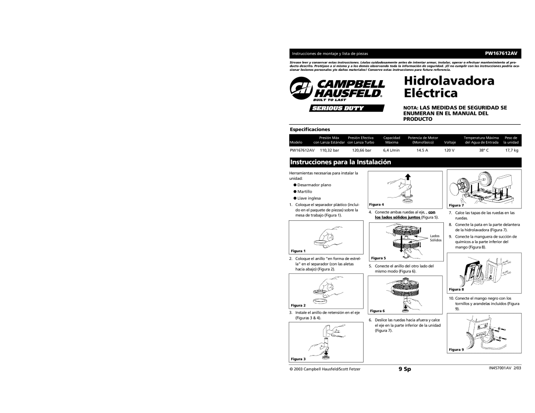 Campbell Hausfeld PW167612AV specifications Hidrolavadora Eléctrica, Instrucciones para la Instalación, Especificaciones 