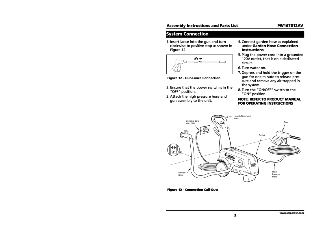 Campbell Hausfeld PW167612AV specifications System Connection, Assembly Instructions and Parts List 