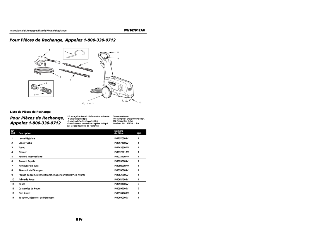 Campbell Hausfeld PW167612AV specifications 8 Fr, Liste de Pièces de Rechange, N Réf. Description, Numéro 