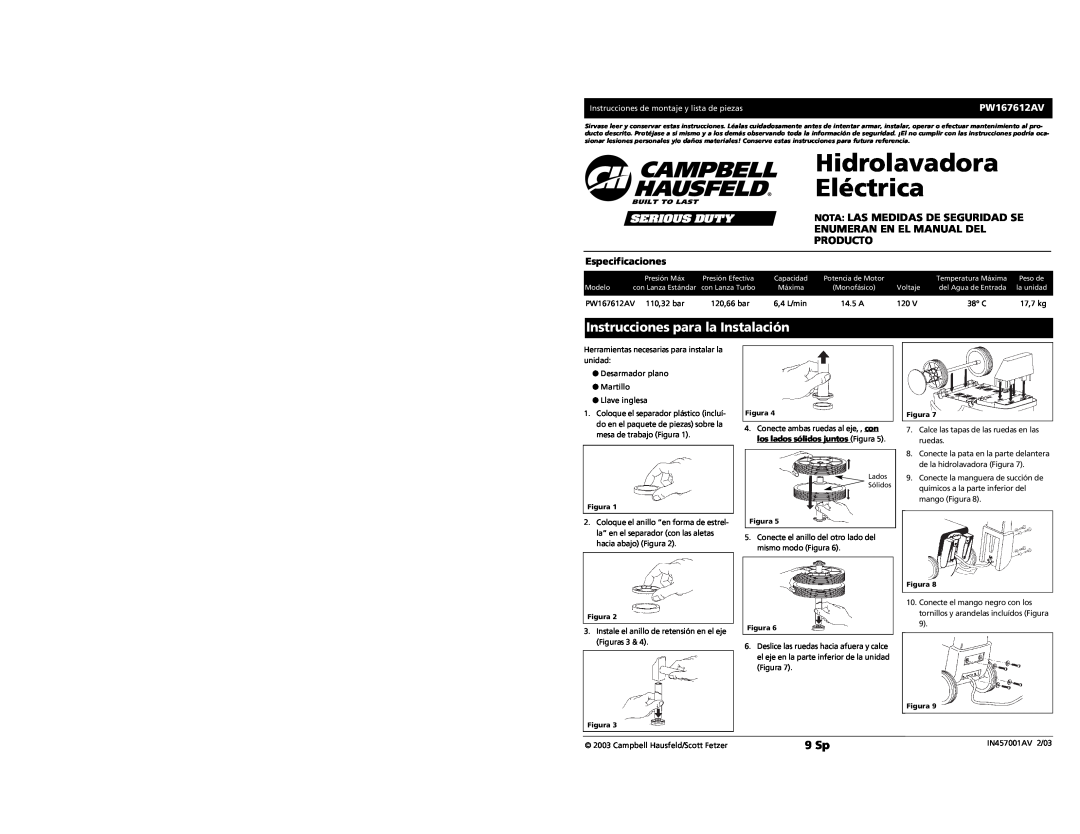 Campbell Hausfeld PW167612AV Hidrolavadora Eléctrica, Instrucciones para la Instalación, 9 Sp, Especificaciones, 6,4 L/min 