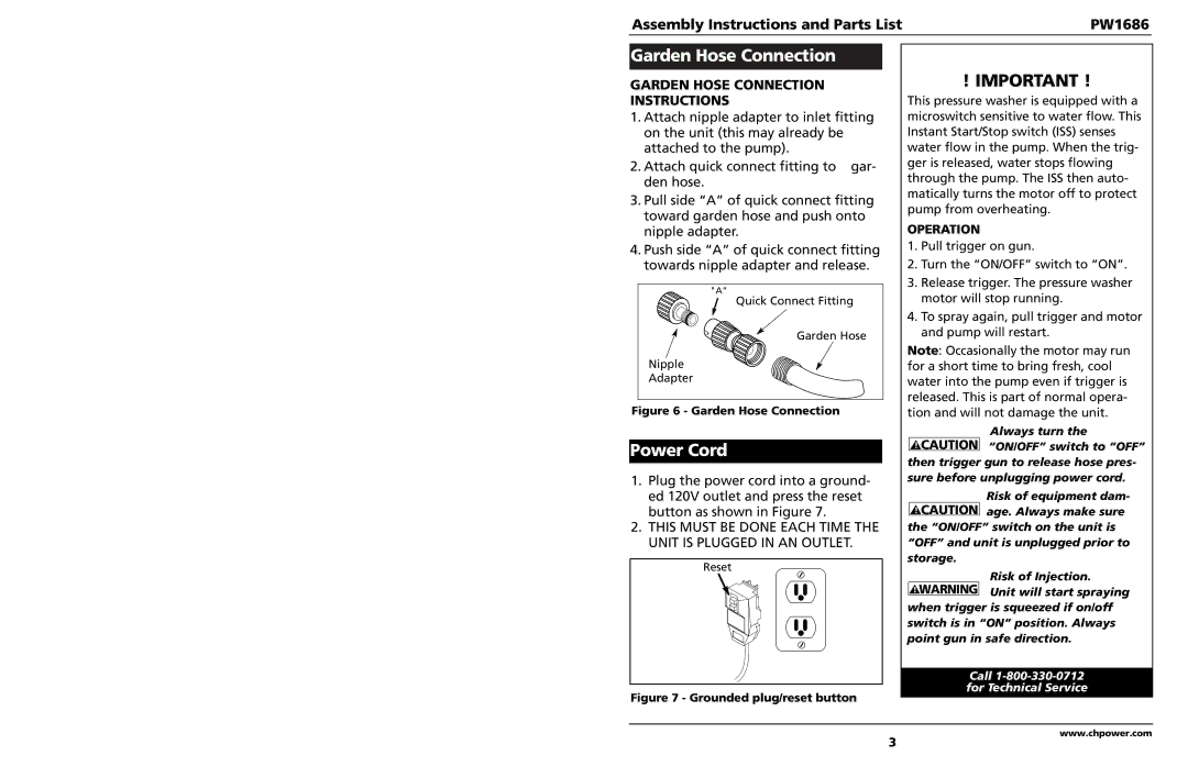 Campbell Hausfeld PW1686 specifications Garden Hose Connection, Power Cord 