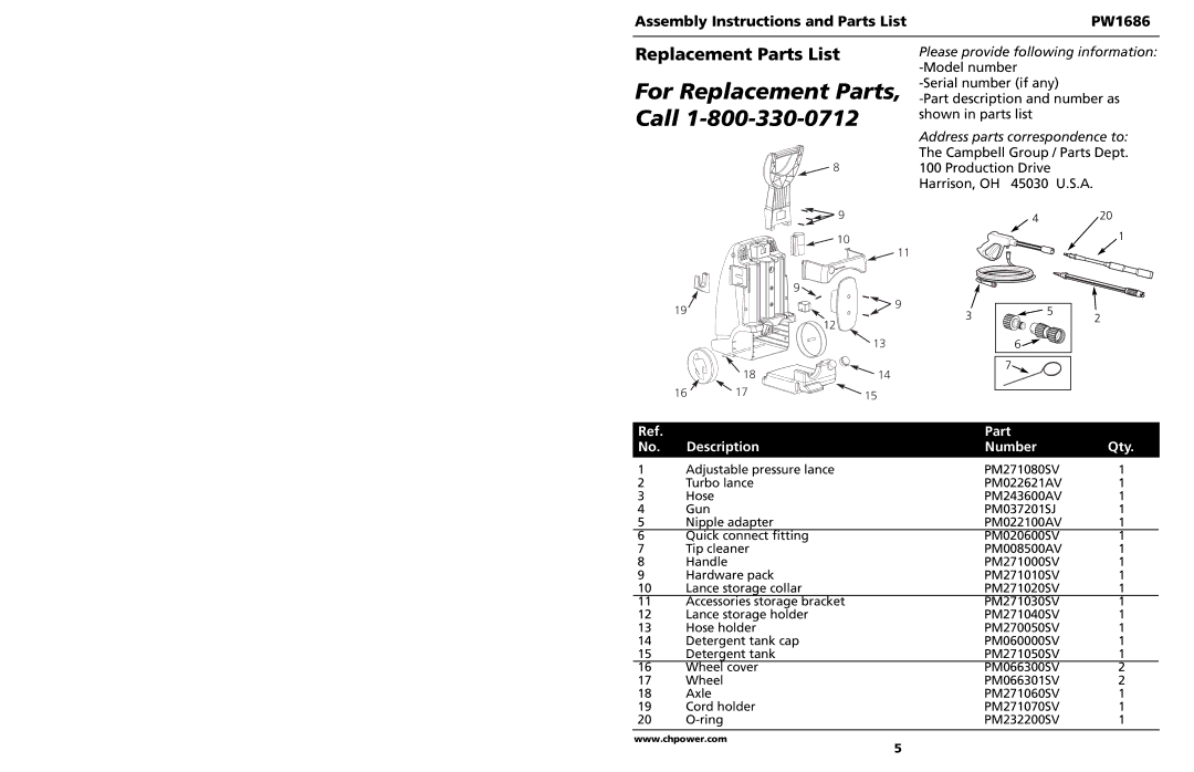 Campbell Hausfeld PW1686 specifications For Replacement Parts, Call 