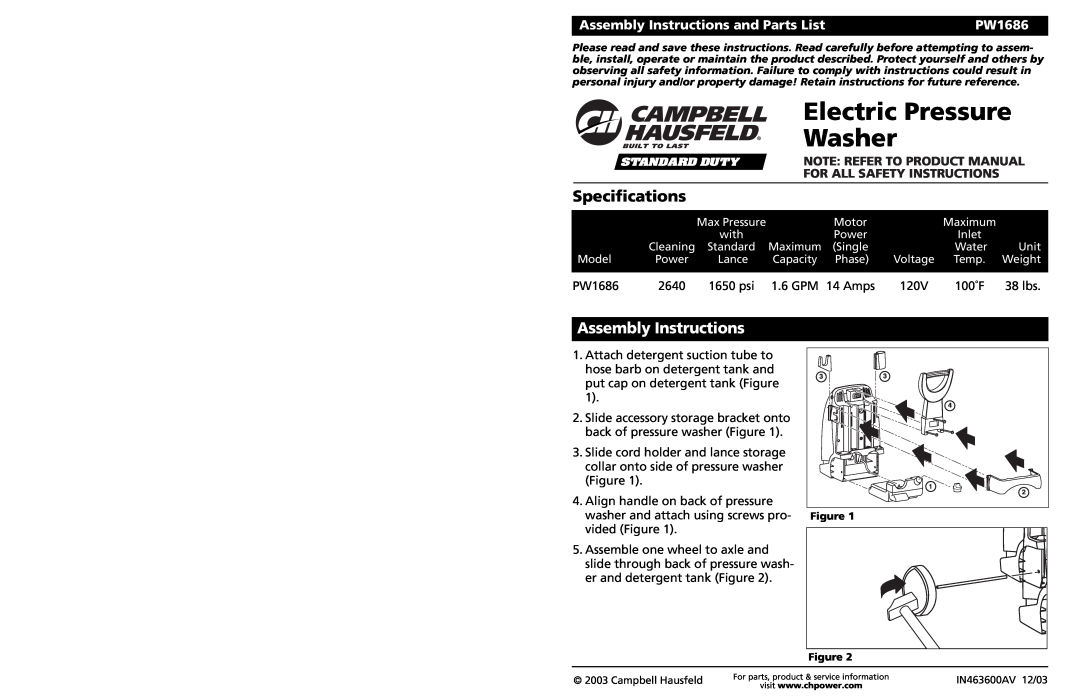 Campbell Hausfeld PW1686 specifications Specifications, Assembly Instructions, Electric Pressure Washer, GPM 14 Amps 
