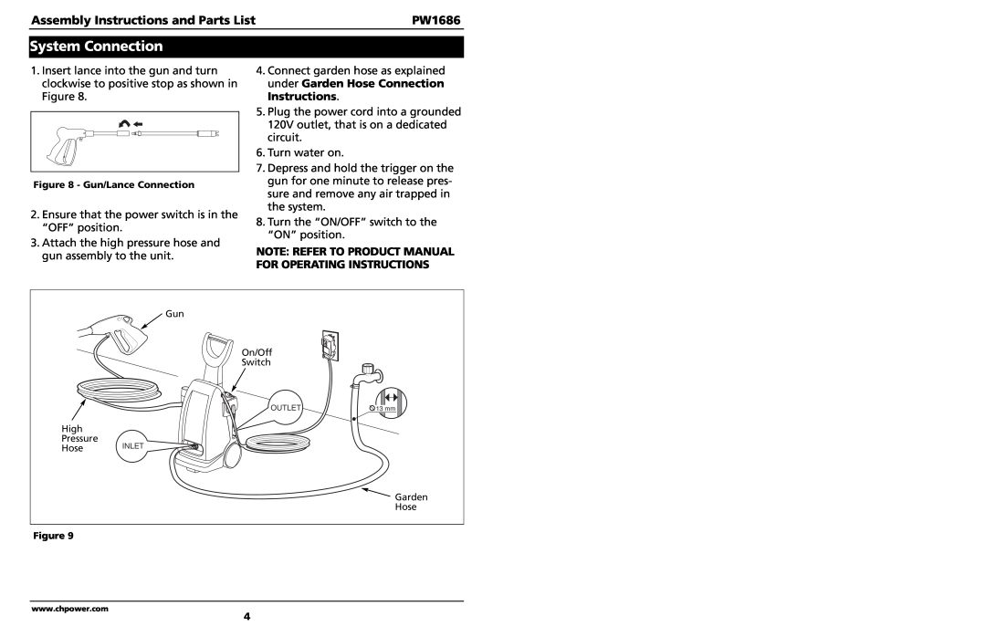 Campbell Hausfeld PW1686 specifications System Connection, Assembly Instructions and Parts List 