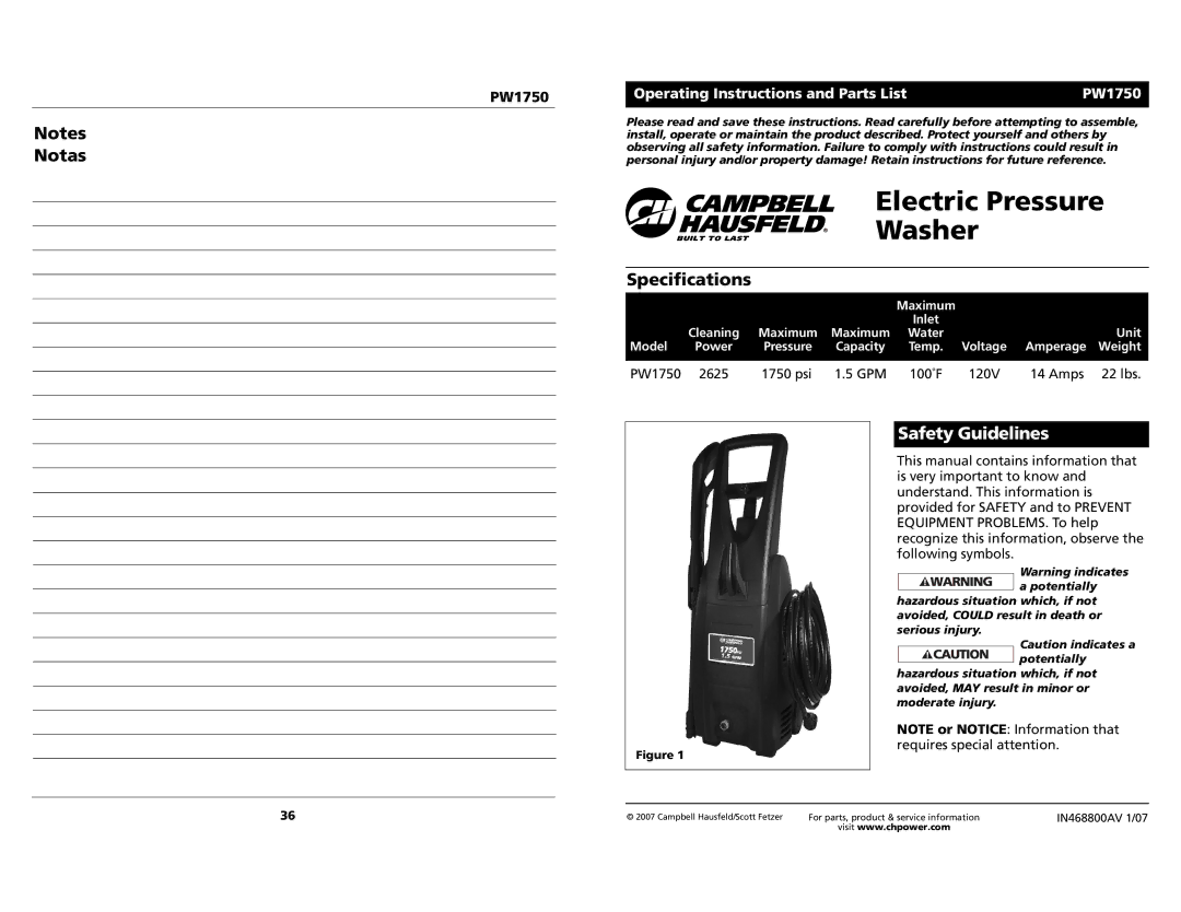 Campbell Hausfeld pw1750 specifications Specifications, Safety Guidelines 