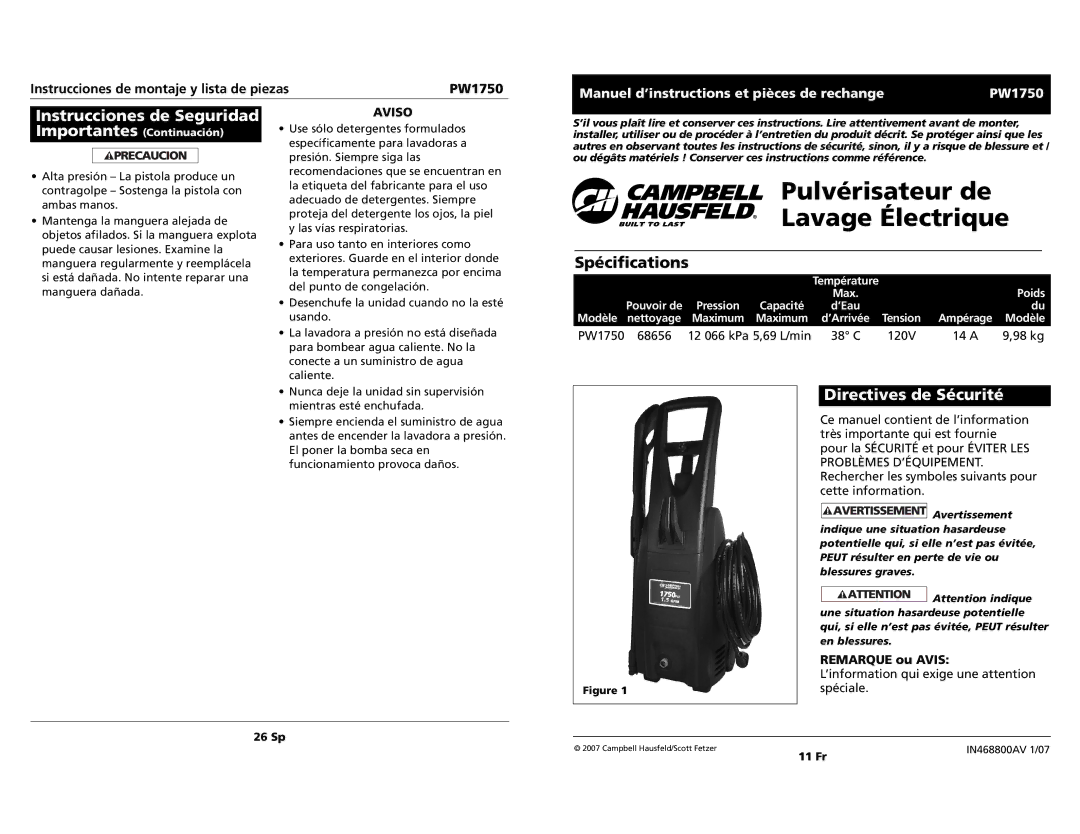 Campbell Hausfeld pw1750 specifications Instrucciones de Seguridad, Directives de Sécurité 