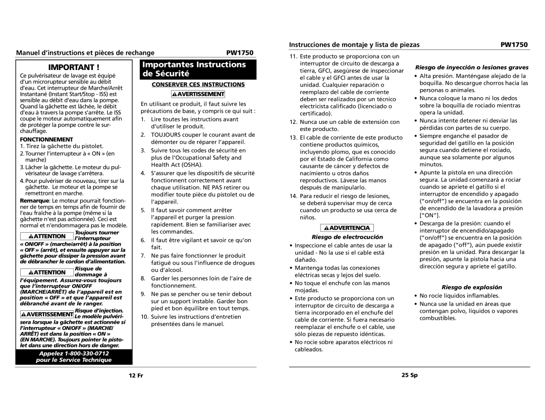 Campbell Hausfeld pw1750 specifications Importantes Instructions de Sécurité, Fonctionnement, Conserver CES Instructions 