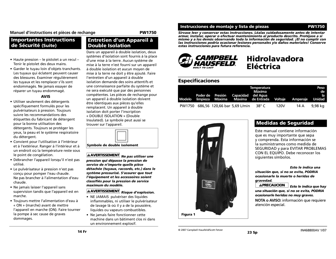 Campbell Hausfeld pw1750 Importantes Instructions de Sécurité Suite, Entretien d’un Appareil à Double Isolation 