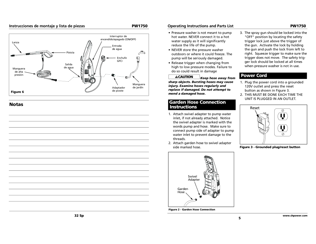 Campbell Hausfeld pw1750 specifications Garden Hose Connection Instructions, Power Cord 