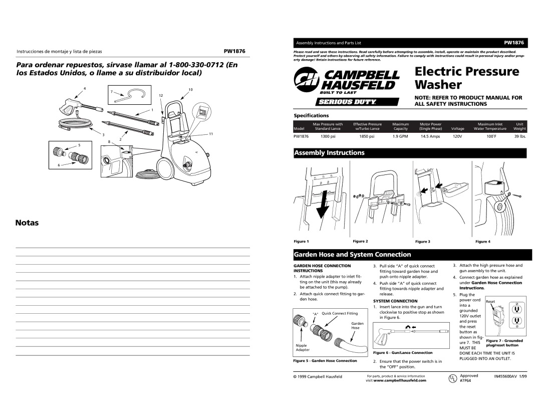 Campbell Hausfeld PW1876 specifications Assembly Instructions, Garden Hose and System Connection, Garden Hose Connection 