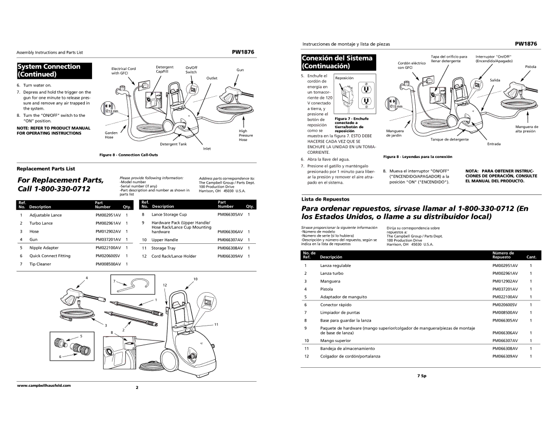 Campbell Hausfeld PW1876 For Replacement Parts, Call, Para ordenar repuestos, sírvase llamar al 1-800-330-0712 En 