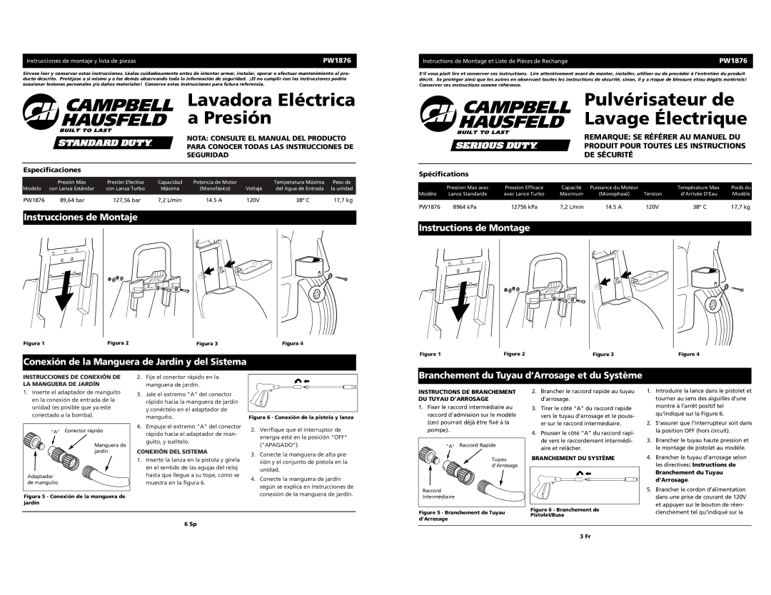 Campbell Hausfeld PW1876 specifications Instrucciones de Montaje, Conexión de la Manguera de Jardin y del Sistema 