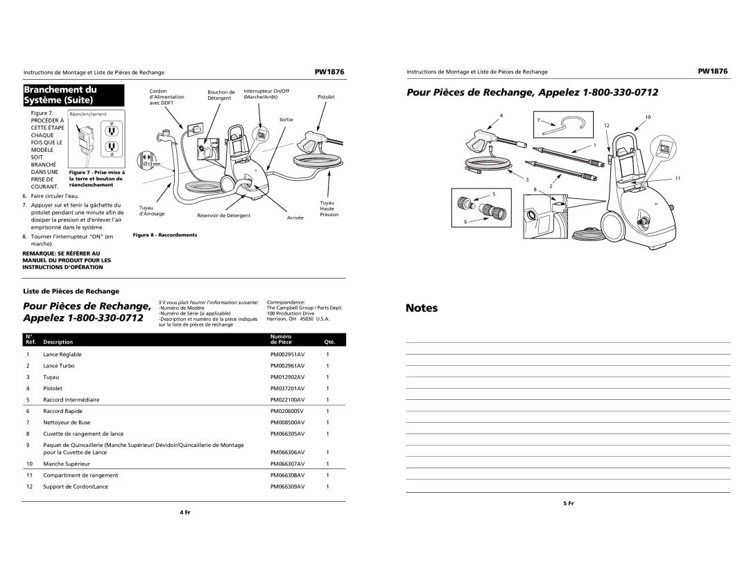 Campbell Hausfeld PW1876 specifications Pour Pièces de Rechange, Appelez, Branchement du Système Suite 