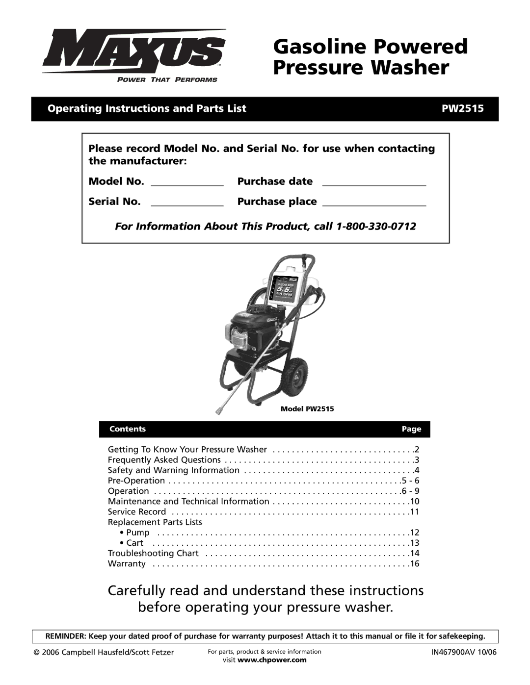 Campbell Hausfeld PW2515 operating instructions Purchase date, Contents 