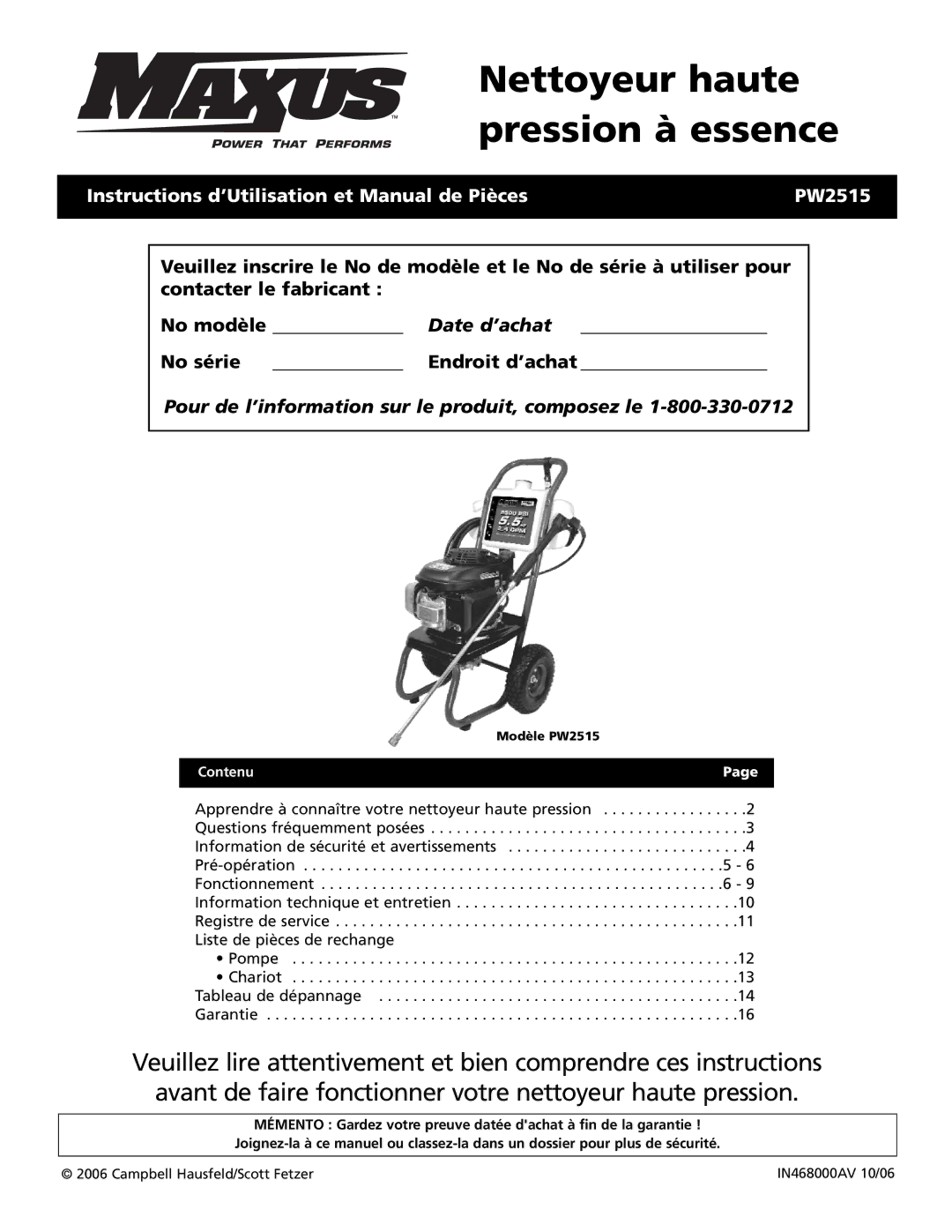 Campbell Hausfeld PW2515 operating instructions Contacter le fabricant, Contenu 